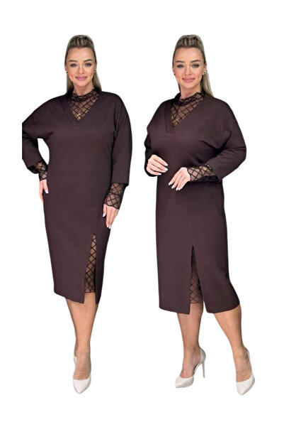 TESSY Kadın Büyük Beden Baklava Desenli Dantel Detaylı Elbise