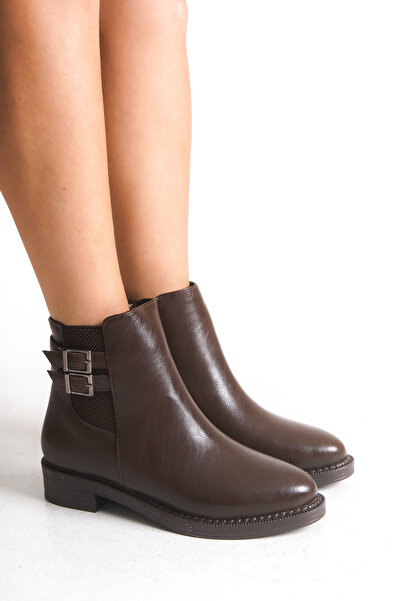 Limeo Низька підошва, бокові гумові вставки та подвійна застібка-блискавка. Жіночі черевики кольору гіркого кави з деталями.