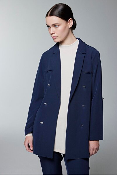 Zühre Navy Blue Jacket with Button and Pocket Detail C-0102