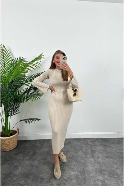 LUMERA BY TUĞBA KARADAĞ Triko Fitilli Uzun Elbise - Kahverengi / Siyah / Krem...