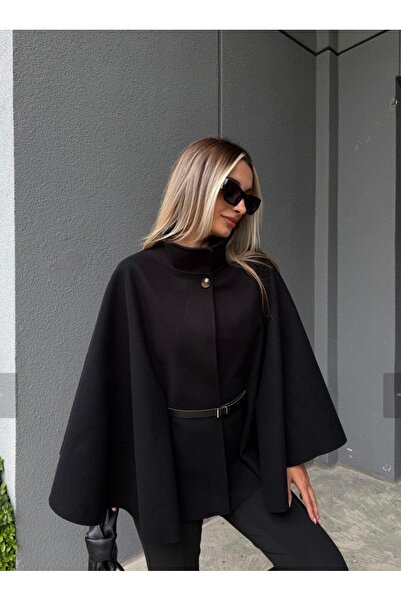 Mzr Collection KADIN KEMERLİ KAŞE SİYAH PANÇO