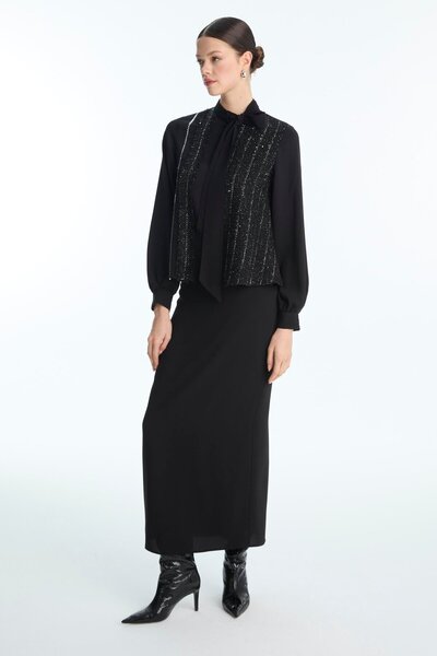 Zühre Black Double Suit with Silvery Collar Detail Tk-1675