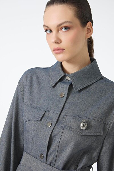 Zühre Brooch Detailed Belted Indigo Jacket C-0158
