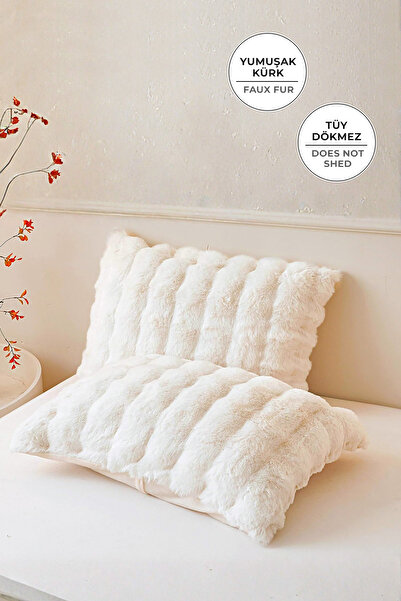 Evlen Home Collection Bubble Kürklü Peluş 2'li Yastık Kılıfı 50x70 cm Yumuşak Supersoft Dekoratif Wellsoft Krem