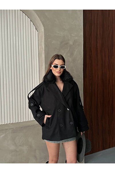 VESS MODA Premium Quality Cashmere Jacket Coat with Fur Collar