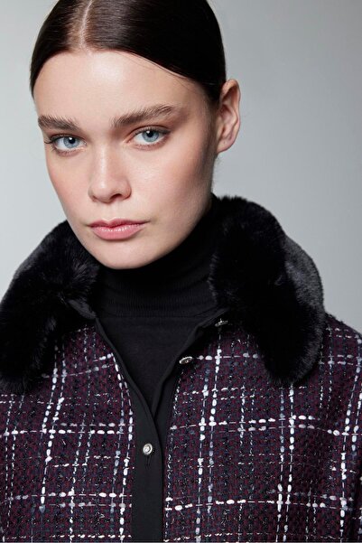 Zühre Fur Collar Button Detail Plum Double Suit Tk-1201