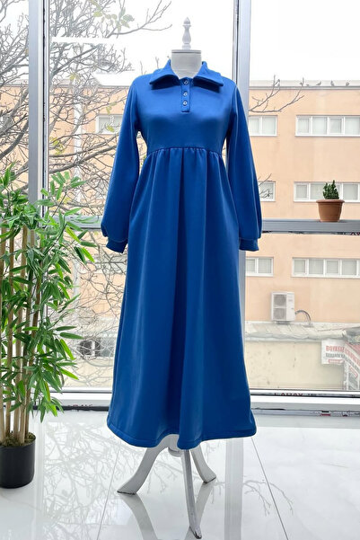 Tesettür Diyarı Yakası Düğmeli Şardonlu Sweat Tesettür Elbise- Saks Mavi
