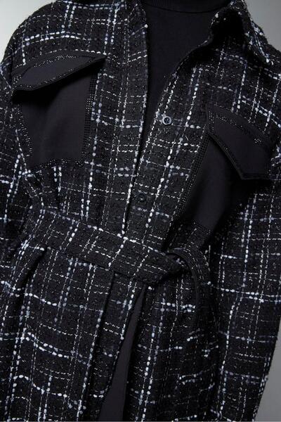 Zühre Tweed Patterned Belted Black Double Suit Tk-1704