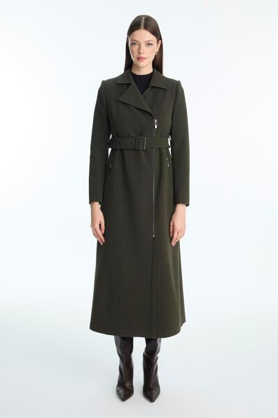 Zühre Zipper Detailed Belted Khaki Trench Coat 13924