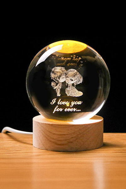 ALFAGİFT 3D Aşık Çift Figürlü Cam Kristal Küre Gece Lambası USB Ahşap Tabanlı...