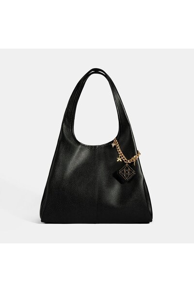 Desa Women's Black Leather Shoulder Bag with Charm Accessories