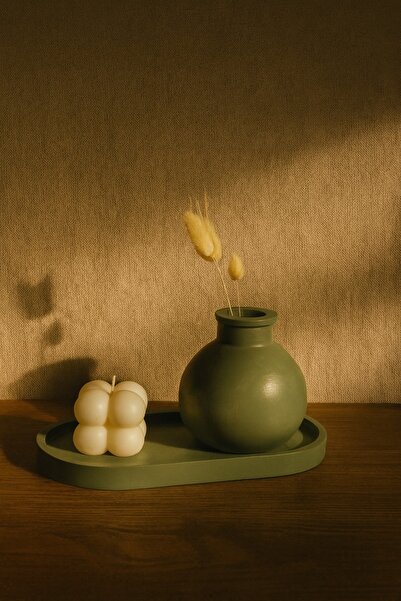 N&E Studio Adaçayı Yeşili 3'lü Dekor Seti | Oval Tepsi, Mini Vazo ve Bubble S...