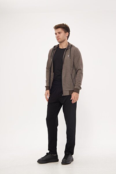 Marco Ferry Men's Cotton Full Zip Hooded Tracksuit Set Brown 5296-K