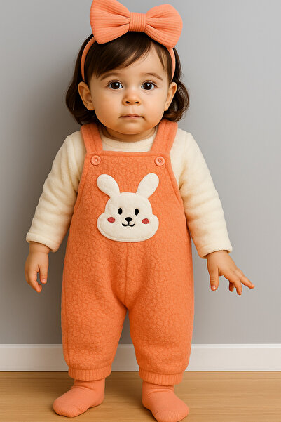 Bubito Rabbit Embroidered Winter Plush Welsoft Baby Romper-Orange
