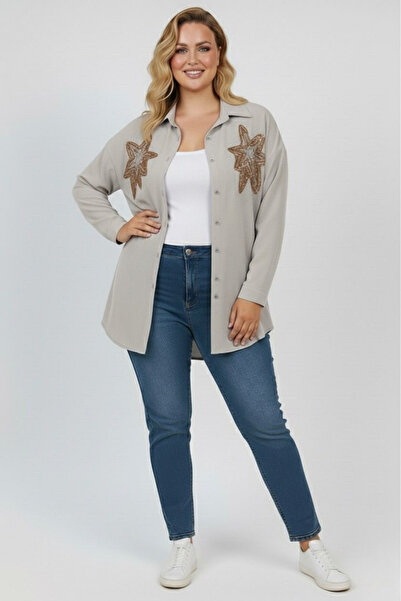 Koza Butik Women's Plus Size Sequin Embroidered Long Sleeve Shirt 1985-26