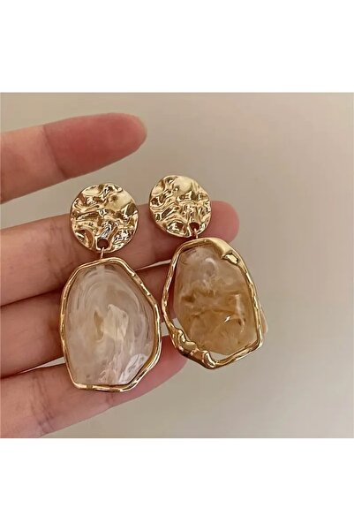 İMREN AKSESUAR Stylish Double Bohemian Natural Stone Gold Plated Metal Dangle Earrings for Women