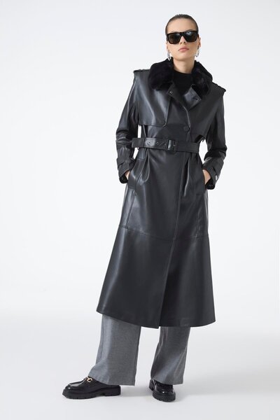 Zühre Kürk Yaka Siyah Deri Trençkot 13822