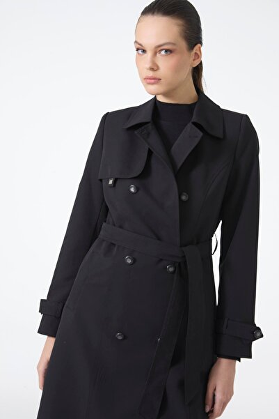 Zühre Shirt Collar Belted Black Trench Coat 13751