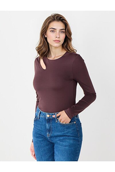 Jimmy Key Πλεκτή μπλούζα με ασύμμετρο γιακά με μακρύ μανίκι Bitter Brown