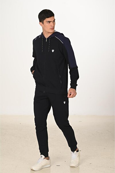Marco Ferry Men's Cotton Full Zip Hooded Tracksuit Set Navy Blue 5282-L