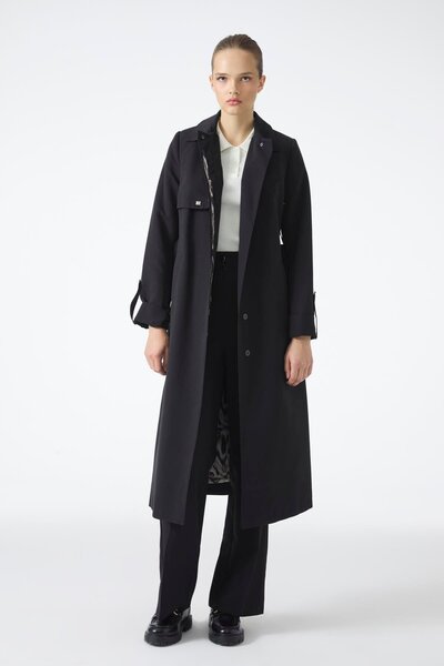 Zühre Gömlek Yaka Kemerli Kol Detaylı Siyah Trençkot 13723