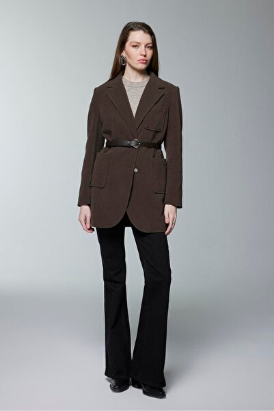 Zühre Double-Breasted Khaki Jacket with Collar Belt Detail C-0170