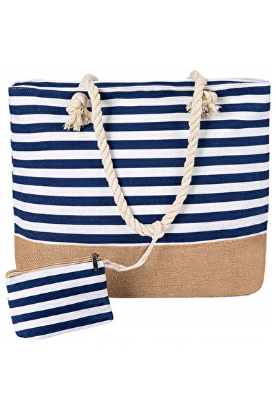 zola Geantă de plajă cu portofel, albastră și bej, model cu dungi, 34x48x14 cm