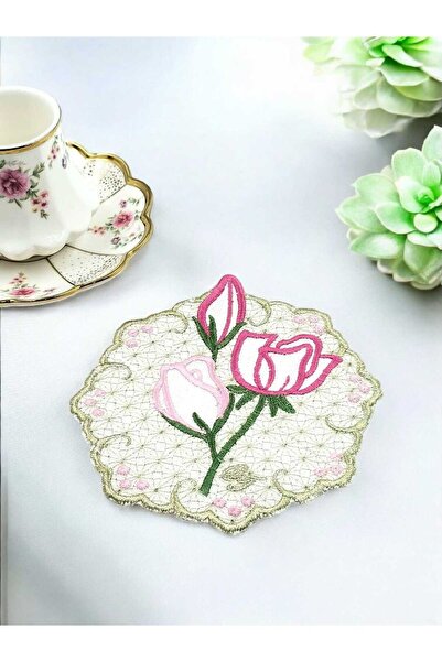 BAŞ TASARIM Lale Nakış İşlemeli Kahve Yanı Sunumluk