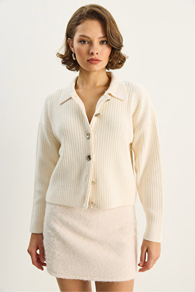 Bianco Lucci Women's Shirt Collar Button Detail Knitwear Cardigan Th251055 60283740