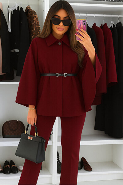 VESS MODA Women's Belted Shirt with Collar Poncho Jacket