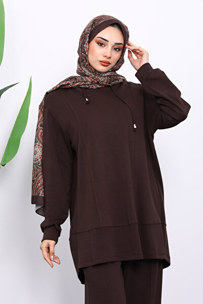 İmajButik Brown Hooded Tunic Pants Set