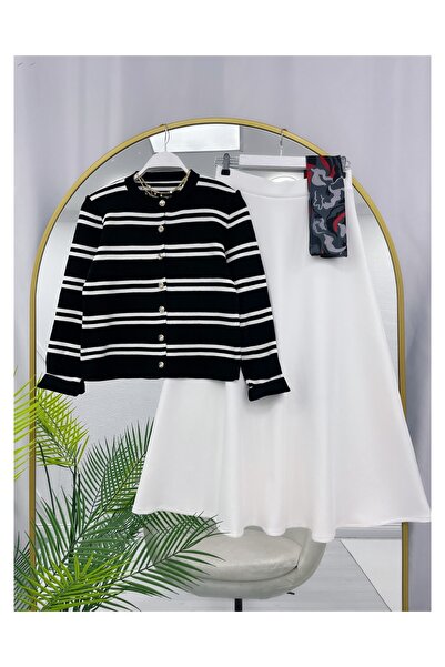 YEDİLALE Stripe Buttoned Knitwear Cardigan Puff Skirt Double Set [Cardigan Is Standard Size, Skirt Is Fitted]
