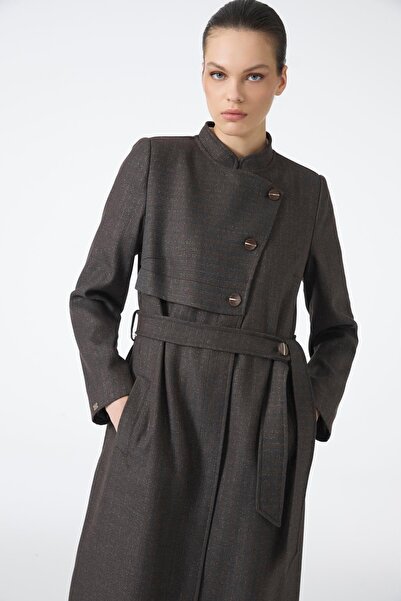 Zühre Hakim Collar Button Detailed Belted Brown Overcoat 14001