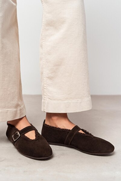 NİŞANTAŞI SHOES Norton Brown Suede Genuine Leather Buckle Inside Fur Lined Flat Sole Women's Ballerinas