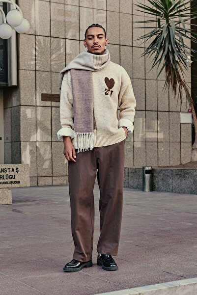 ablukaonline Men's Patterned Oversized Knitwear Sweater Beige