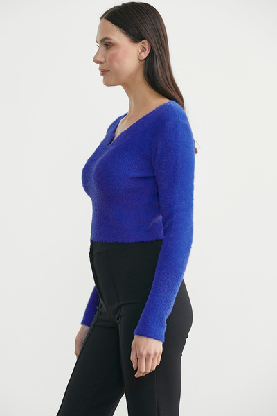 Sementa Soft Crop Knit Sweater with Collar Detail - Cobalt