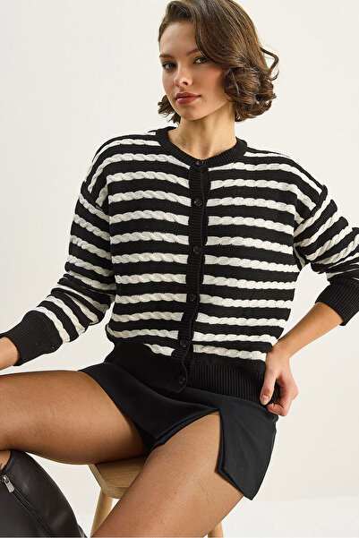 Bianco Lucci Women's Striped Hair Knit Basic Knitwear Cardigan 2504 60283726