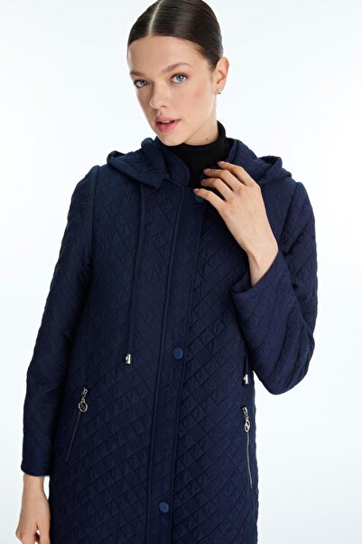 Zühre Patterned Hooded Navy Blue Overcoat 13920