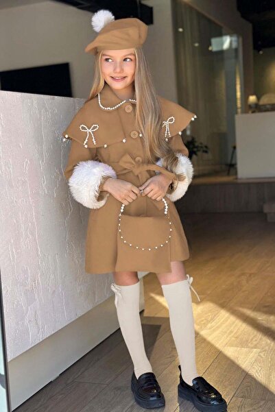 Riccotarz Şal brodat cu perle pentru fete, cu detaliu de şal, cu centură, bej