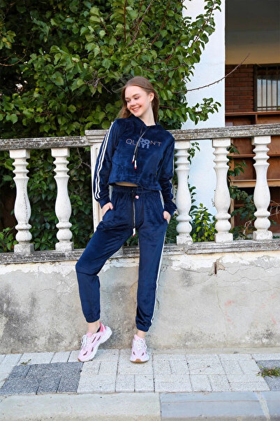 alfa expres Clothing Women's Velvet Hooded Tracksuit Set Navy Blue