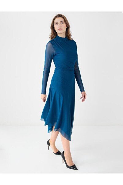 Jimmy Key Koyu Petrol Uzun Kollu Sıfır Yaka Mesh Örme Uzun Elbise