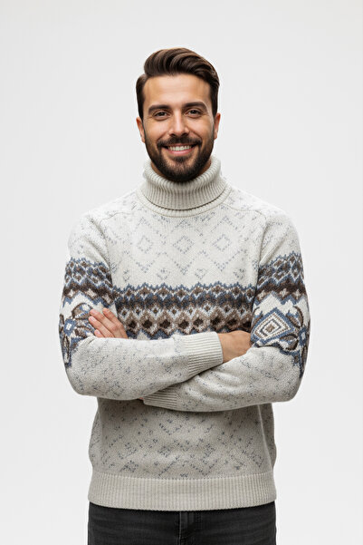 Pulltonic Erkek Desenli Balıkçı Yaka Kazak | %68 Kuzu Yünü