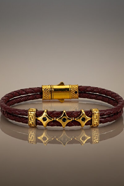 OSMANLI GÜMÜŞ Men's Bijouterie Burgundy Greek Patterned Triple Ninja Star Motif Leather Bracelet