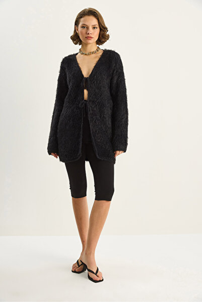 Bianco Lucci Women's Bearded Soft Textured Tie Detailed Knitwear Cardigan 9064 60283754