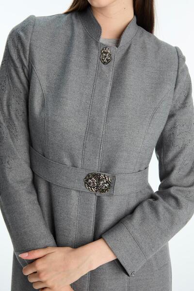 Zühre Accessory Detailed Patterned Gray Overcoat 13947