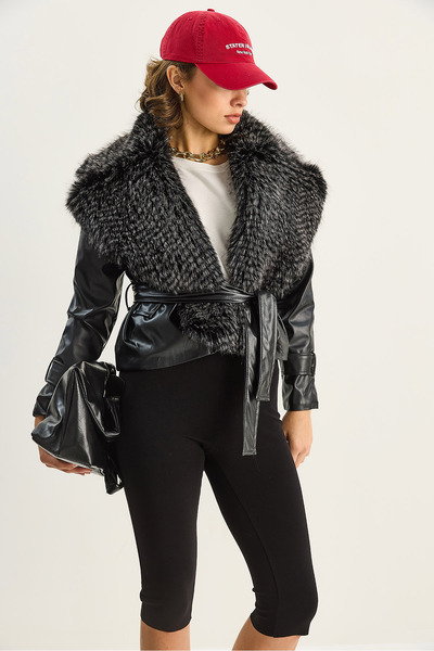 Bianco Lucci Women's Fur Collar Belted Lined Faux Leather Jacket 60571 60283736