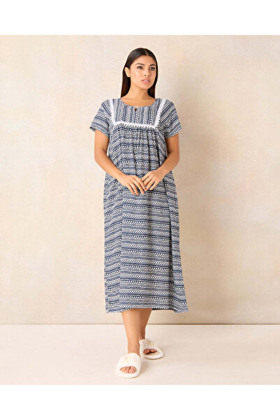 REDTAG قميص نوم نسائي أزرق داكن مطبوع بتفاصيل دانتيل