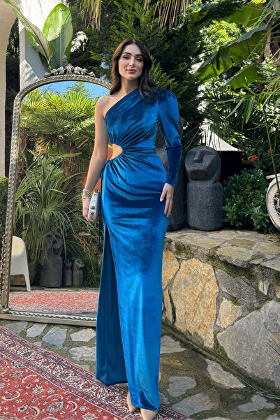 Sindimoda Marin Kadife Tek Kol Vatkalı, Ayarlanabilir Pencere Detaylı Yırtmaçlı Abiye 9299