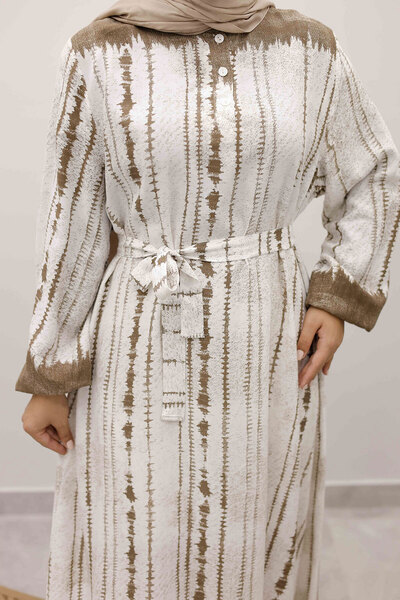 Tesettür Dünyası Φόρεμα βισκόζης με σχέδιο μπατίκ TSD250229 Βιζόν