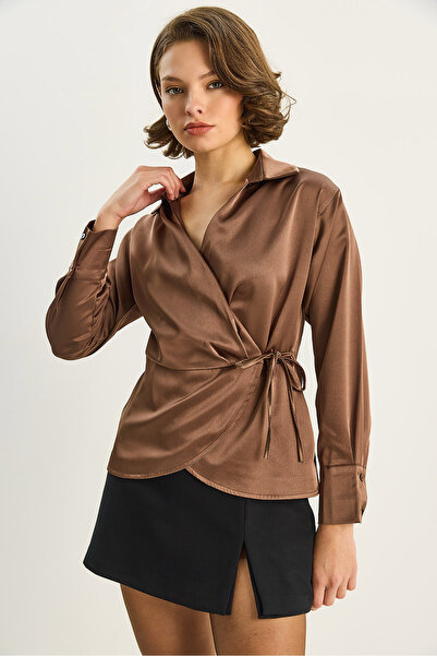 Bianco Lucci Women's Double-Breasted Side Tie Satin Shirt 2133 60283752